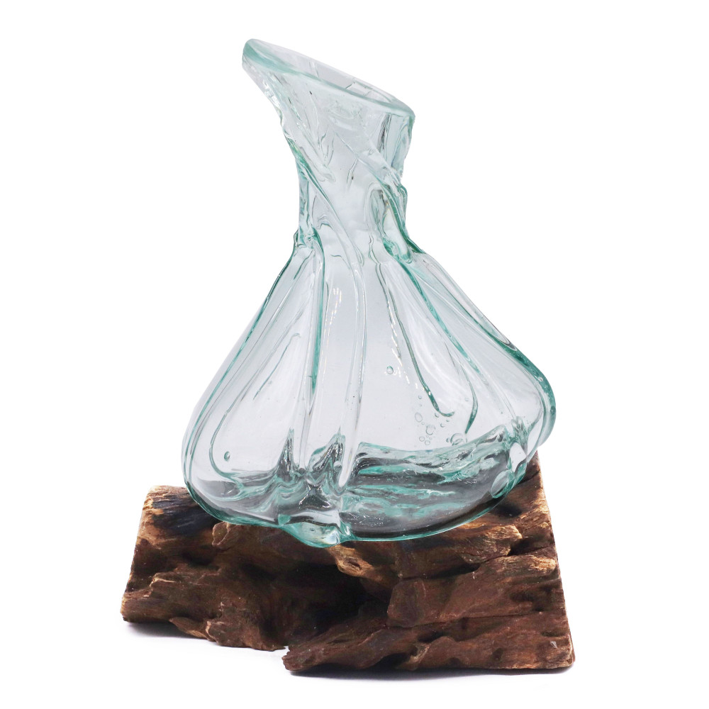 Mini carafe décorative en verre fondu sur bois 24 cm