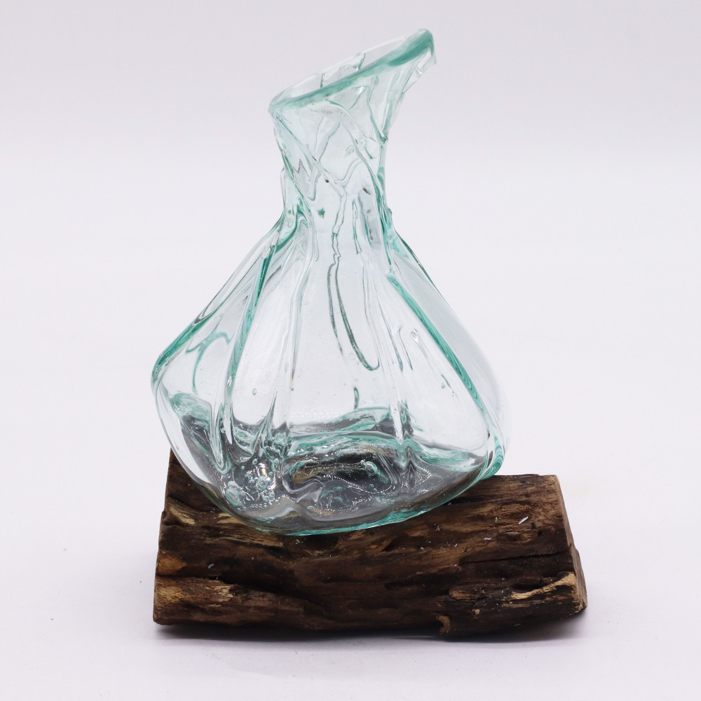Mini carafe décorative en verre fondu sur bois 24 cm