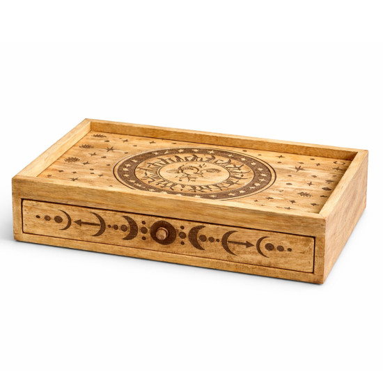 Coffret de tarot sculpté Soleil et Lune avec tiroir