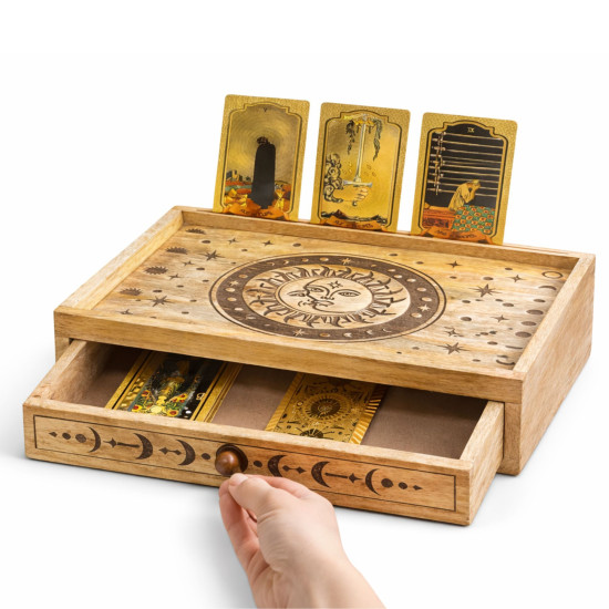 Coffret de tarot sculpté Soleil et Lune avec tiroir