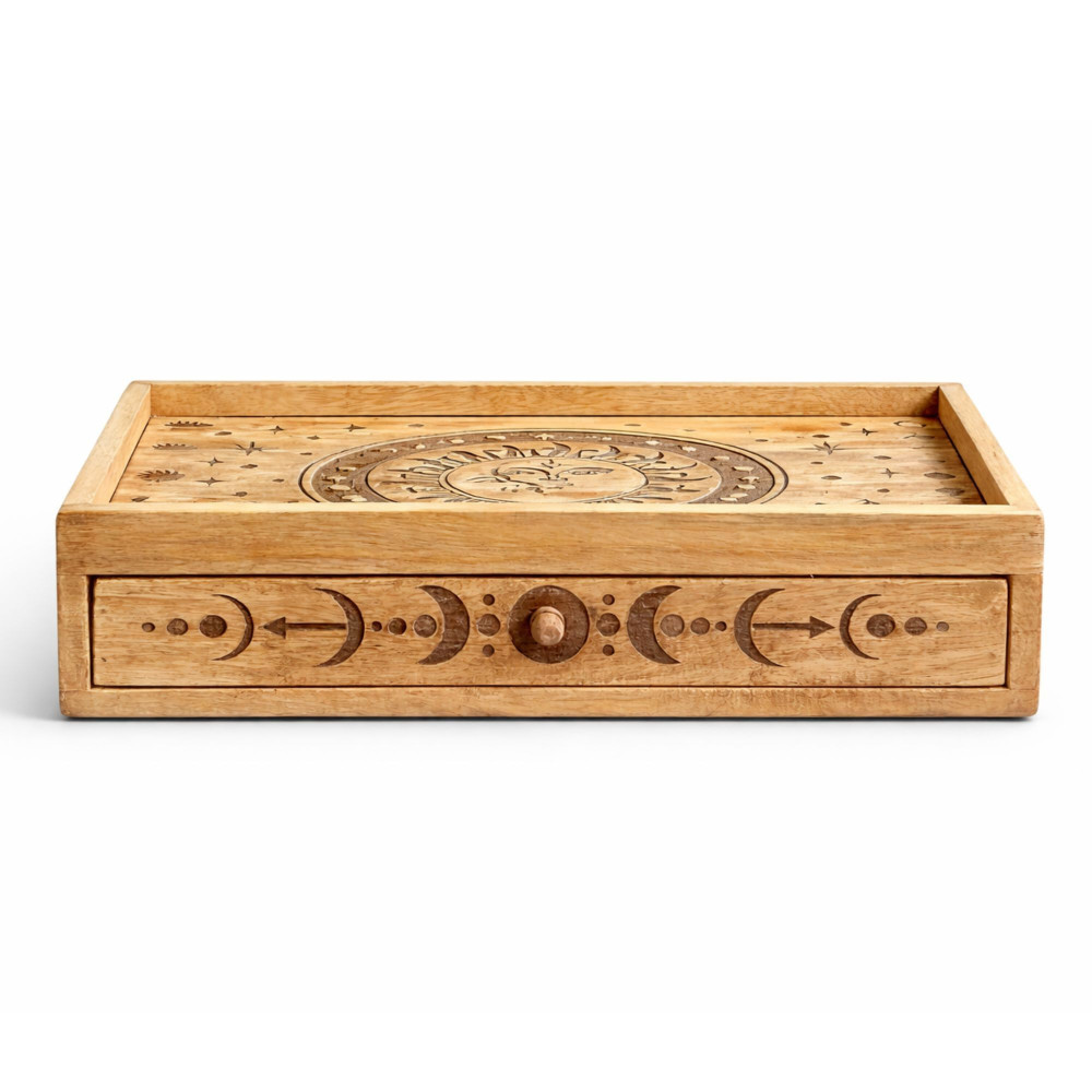 Coffret de tarot sculpté Soleil et Lune avec tiroir