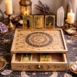 Coffret de tarot sculpté Soleil et Lune avec tiroir
