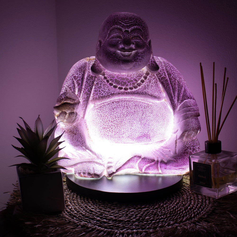Lampe Bouddha rieur Lavande Craquante - Pied rond