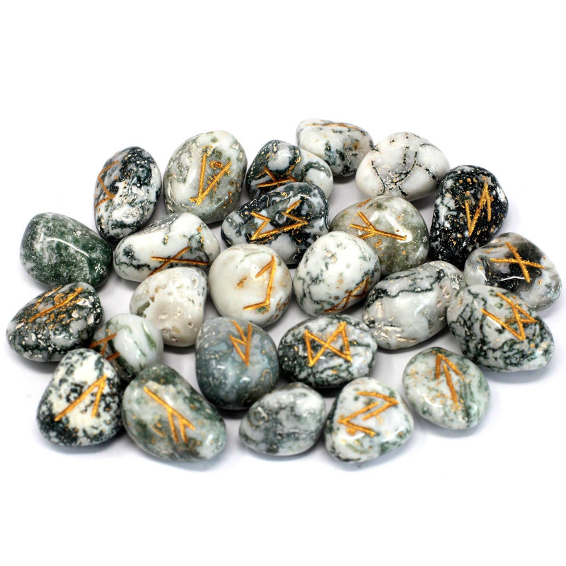 Ensemble de pierres runiques dans une pochette - Agate arborescente