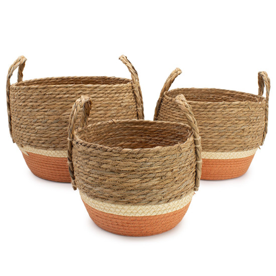 Grands paniers en paille et jonc de mer - Naturel et orange - Lot de 3