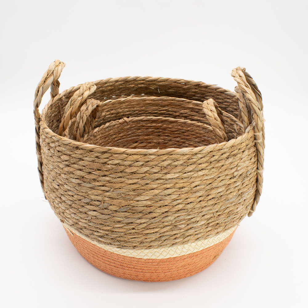 Grands paniers en paille et jonc de mer - Naturel et orange - Lot de 3