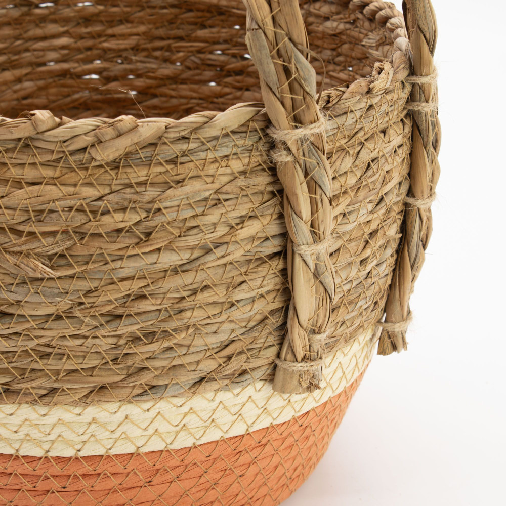 Grands paniers en paille et jonc de mer - Naturel et orange - Lot de 3