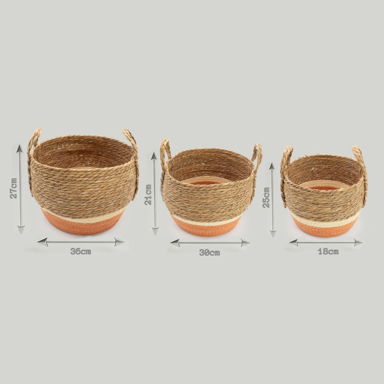 Grands paniers en paille et jonc de mer - Naturel et orange - Lot de 3