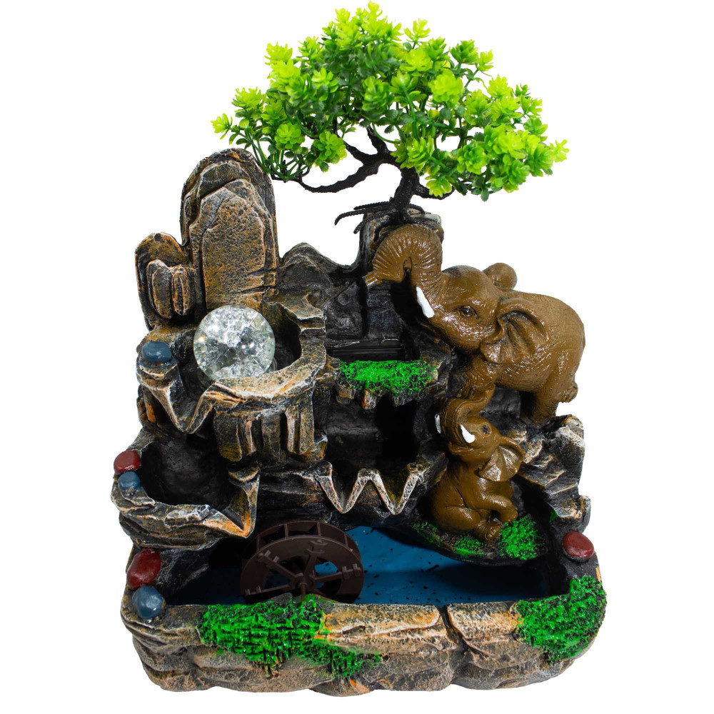 Fontaine de table Éléphants amoureux avec boule de cristal, lumière et moulin à eau (30x20x35cm)