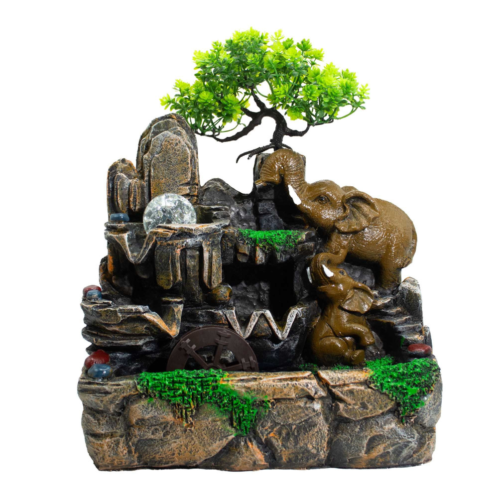 Fontaine de table Éléphants amoureux avec boule de cristal, lumière et moulin à eau (30x20x35cm)
