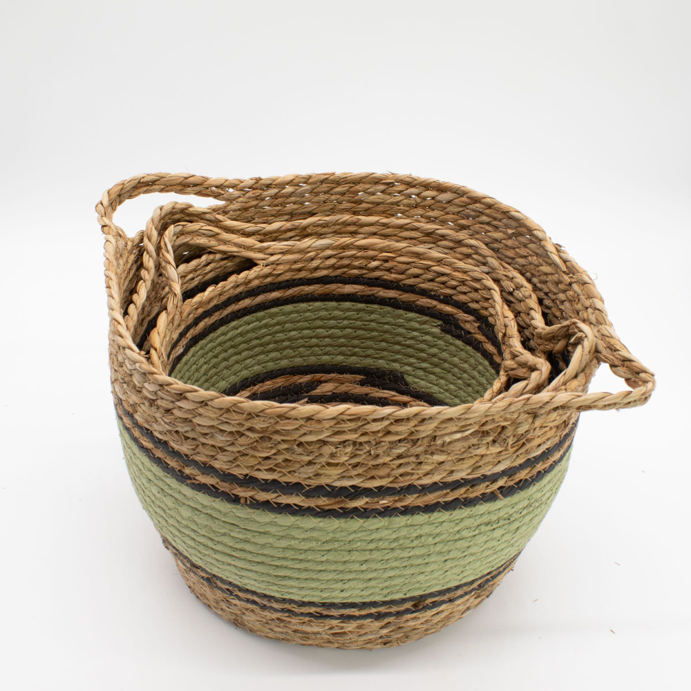 Grands paniers en coton et jonc de mer - Noir et vert naturels - Lot de 3