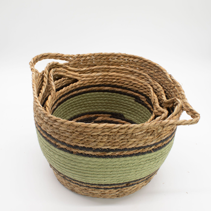 Grands paniers en coton et jonc de mer - Noir et vert naturels - Lot de 3