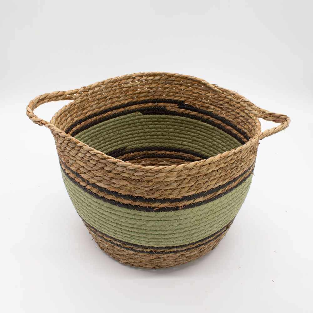 Grands paniers en coton et jonc de mer - Noir et vert naturels - Lot de 3