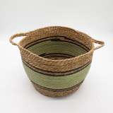 Grands paniers en coton et jonc de mer - Noir et vert naturels - Lot de 3