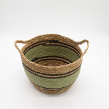 Grands paniers en coton et jonc de mer - Noir et vert naturels - Lot de 3