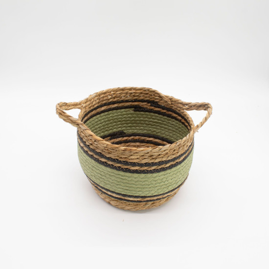 Grands paniers en coton et jonc de mer - Noir et vert naturels - Lot de 3