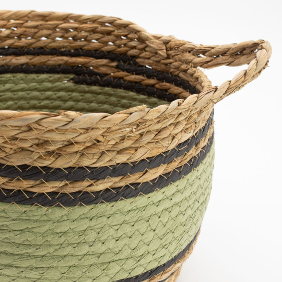 Grands paniers en coton et jonc de mer - Noir et vert naturels - Lot de 3