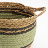Grands paniers en coton et jonc de mer - Noir et vert naturels - Lot de 3