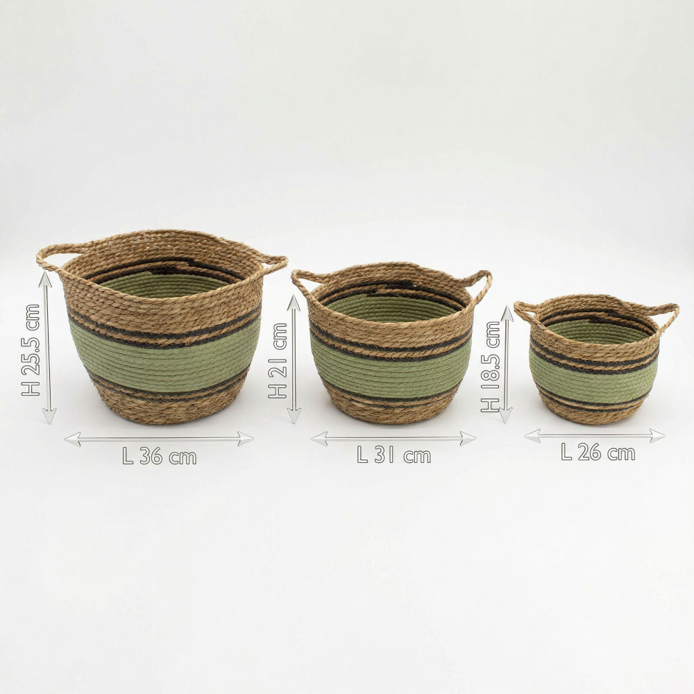 Grands paniers en coton et jonc de mer - Noir et vert naturels - Lot de 3