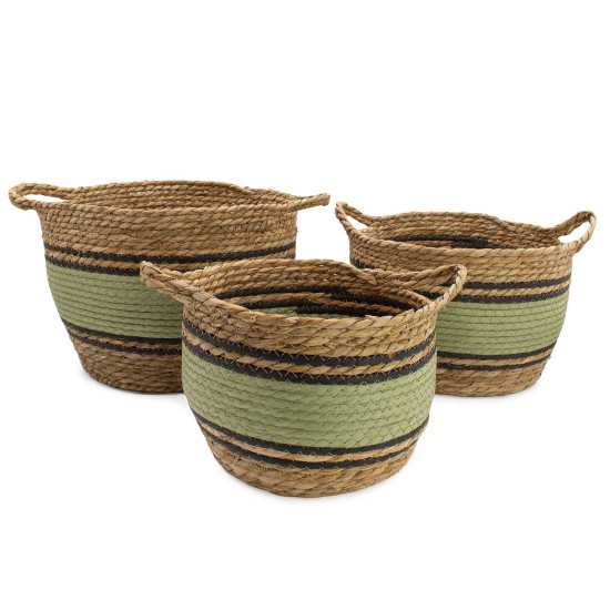 Grands paniers en coton et jonc de mer - Noir et vert naturels - Lot de 3