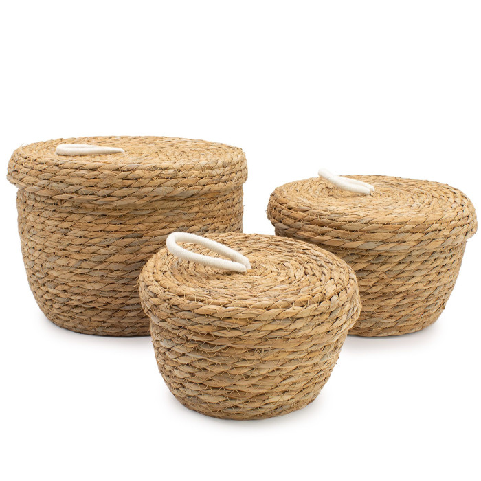 Paniers ronds en jonc de mer et coton avec couvercles - Naturel - Lot de 3