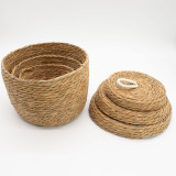 Paniers ronds en jonc de mer et coton avec couvercles - Naturel - Lot de 3
