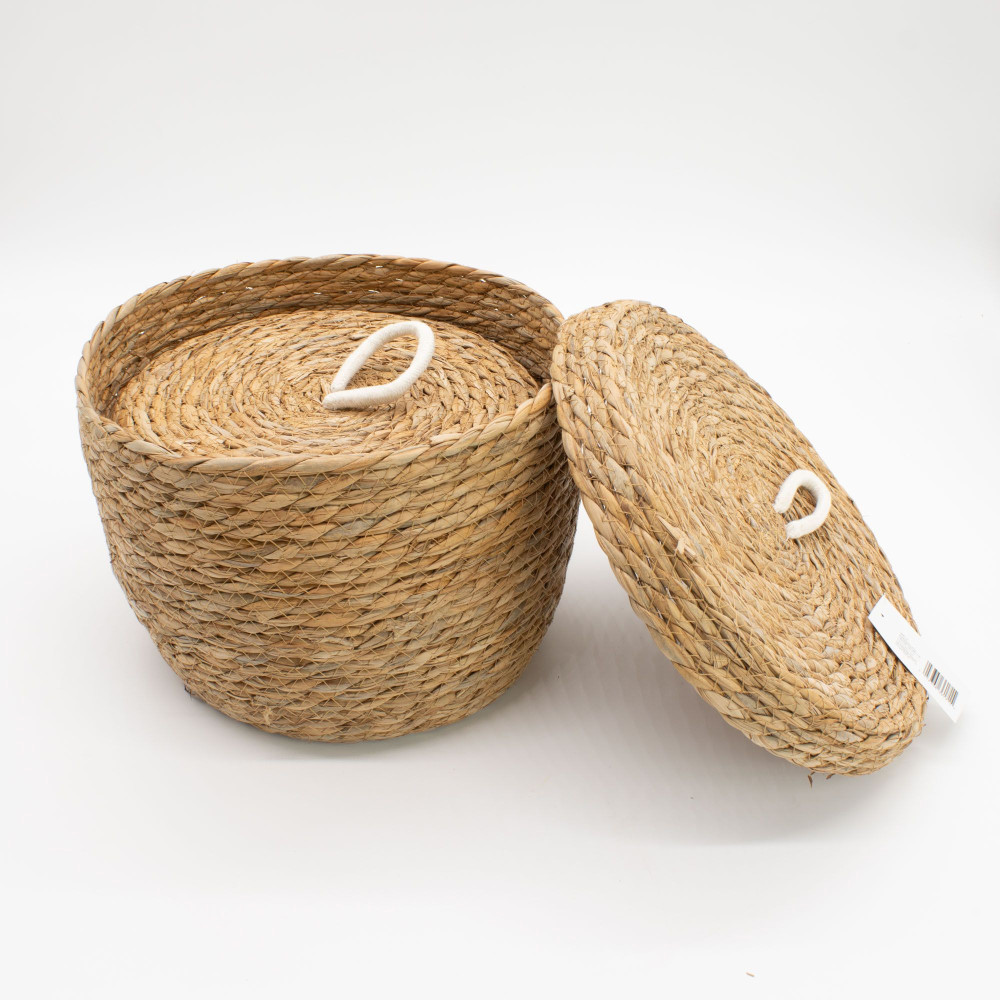 Paniers ronds en jonc de mer et coton avec couvercles - Naturel - Lot de 3