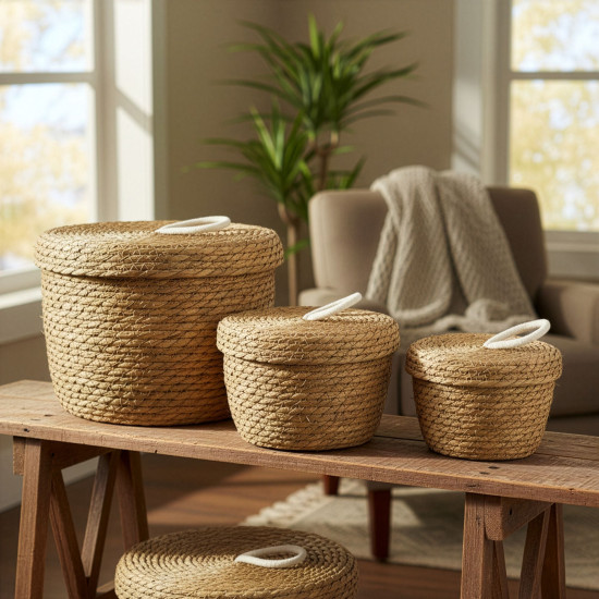 Paniers ronds en jonc de mer et coton avec couvercles - Naturel - Lot de 3