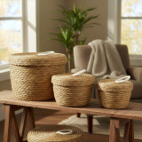Paniers ronds en jonc de mer et coton avec couvercles - Naturel - Lot de 3