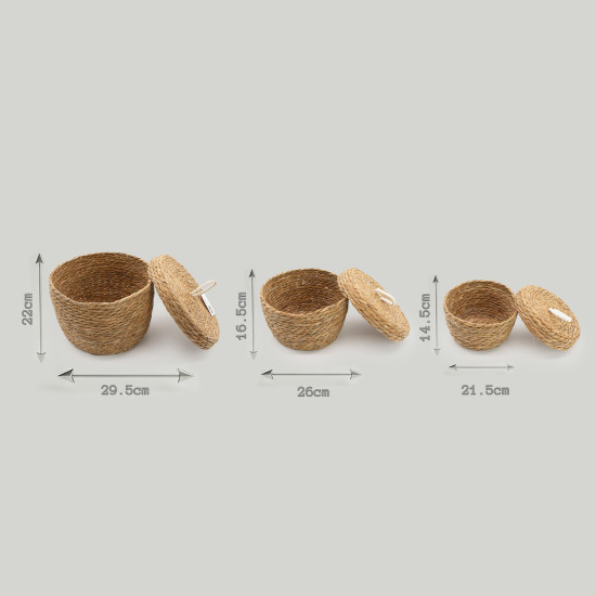 Paniers ronds en jonc de mer et coton avec couvercles - Naturel - Lot de 3