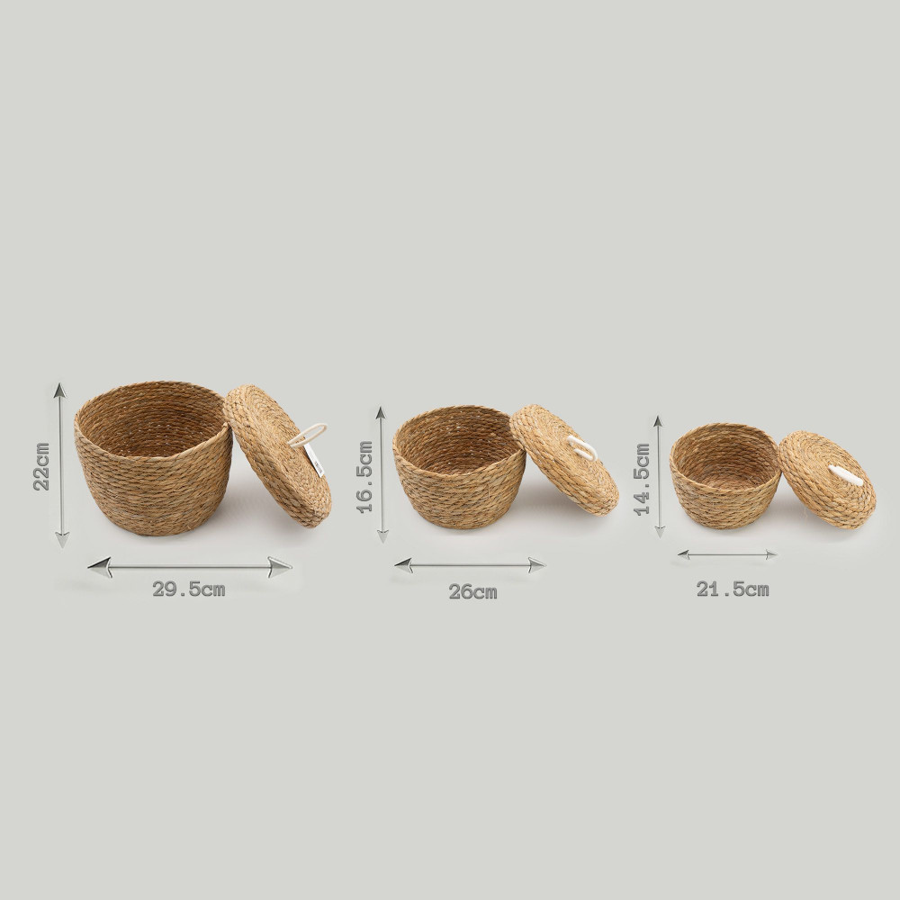 Paniers ronds en jonc de mer et coton avec couvercles - Naturel - Lot de 3