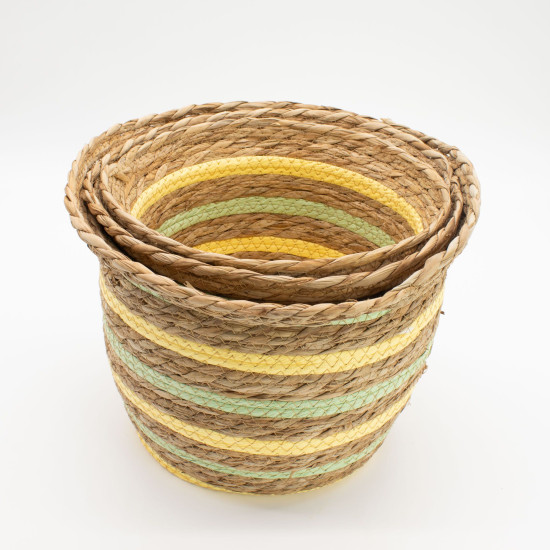 Paniers en jonc de mer et paille en forme de vase - Jaune et vert naturels - Lot de 3