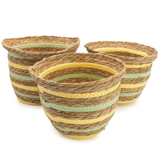 Paniers en jonc de mer et paille en forme de vase - Jaune et vert naturels - Lot de 3