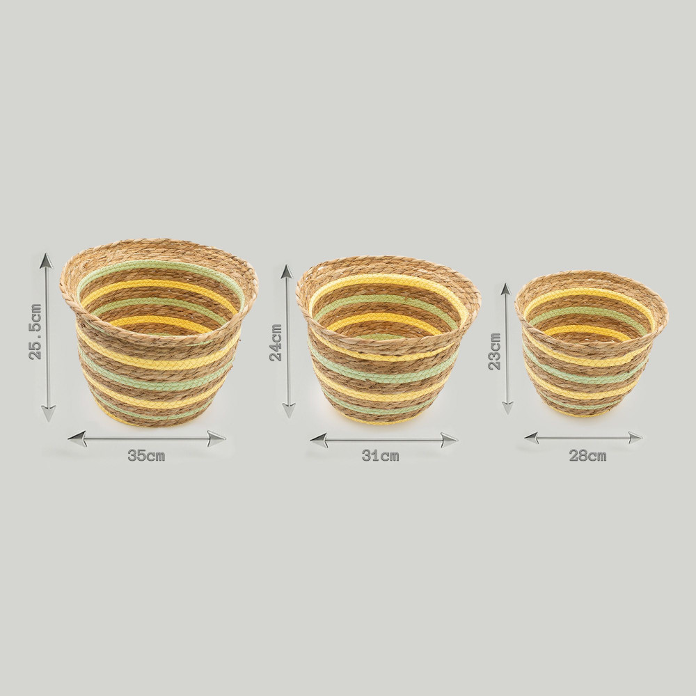 Paniers en jonc de mer et paille en forme de vase - Jaune et vert naturels - Lot de 3