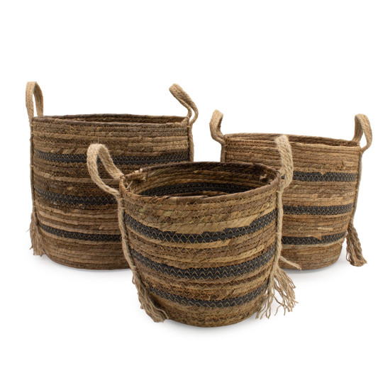 Grands paniers en feuilles de bananier et jonc de mer - Bruns naturels - Lot de 3