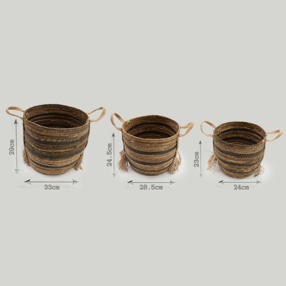Grands paniers en feuilles de bananier et jonc de mer - Bruns naturels - Lot de 3