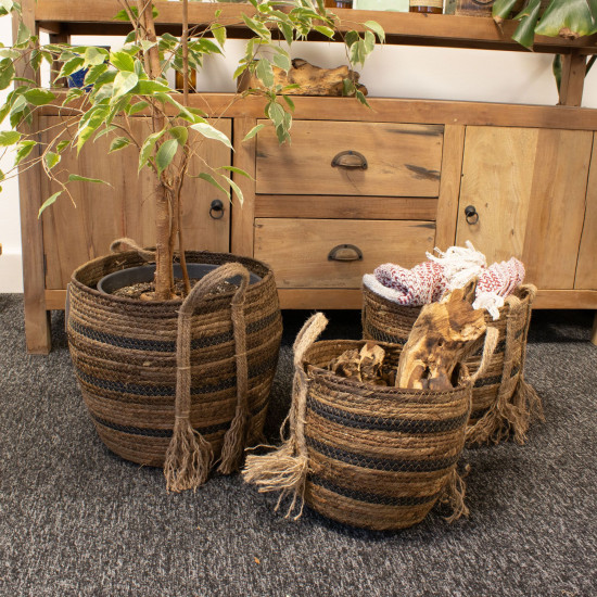 Grands paniers en feuilles de bananier et jonc de mer - Bruns naturels - Lot de 3