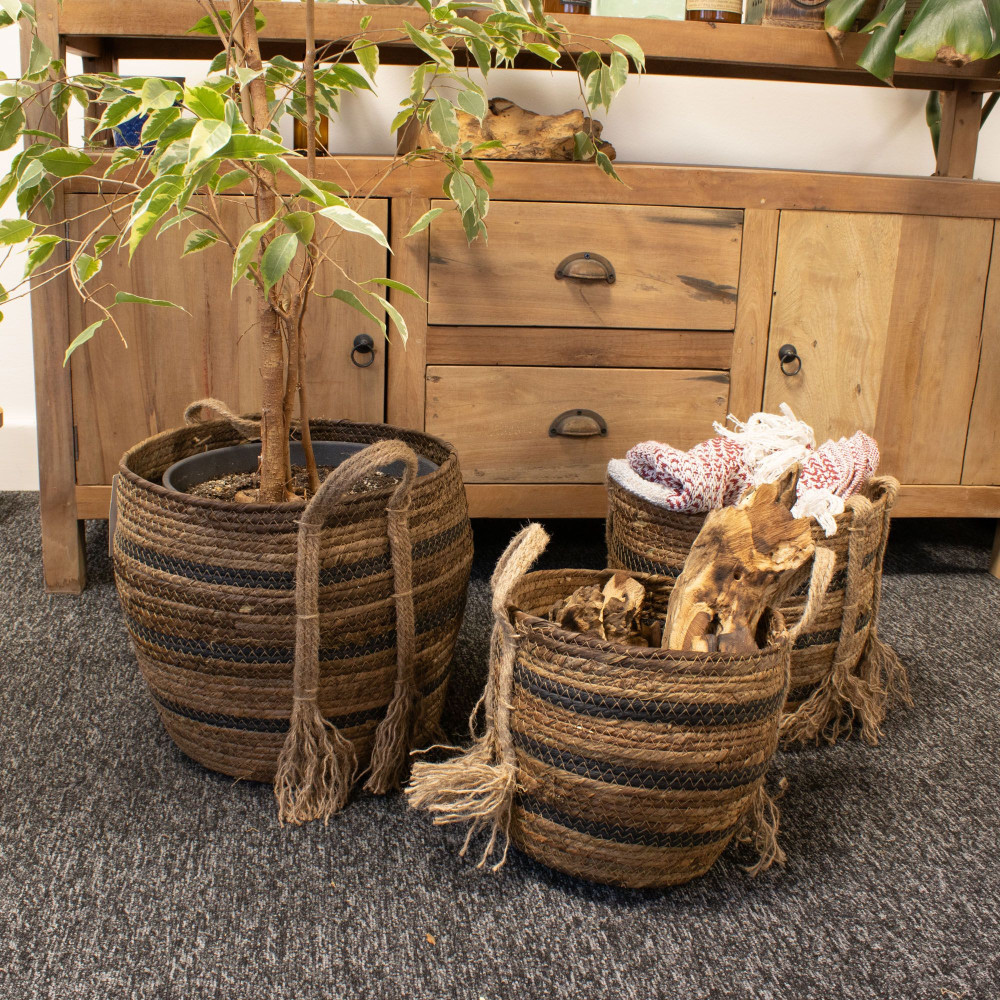 Grands paniers en feuilles de bananier et jonc de mer - Bruns naturels - Lot de 3