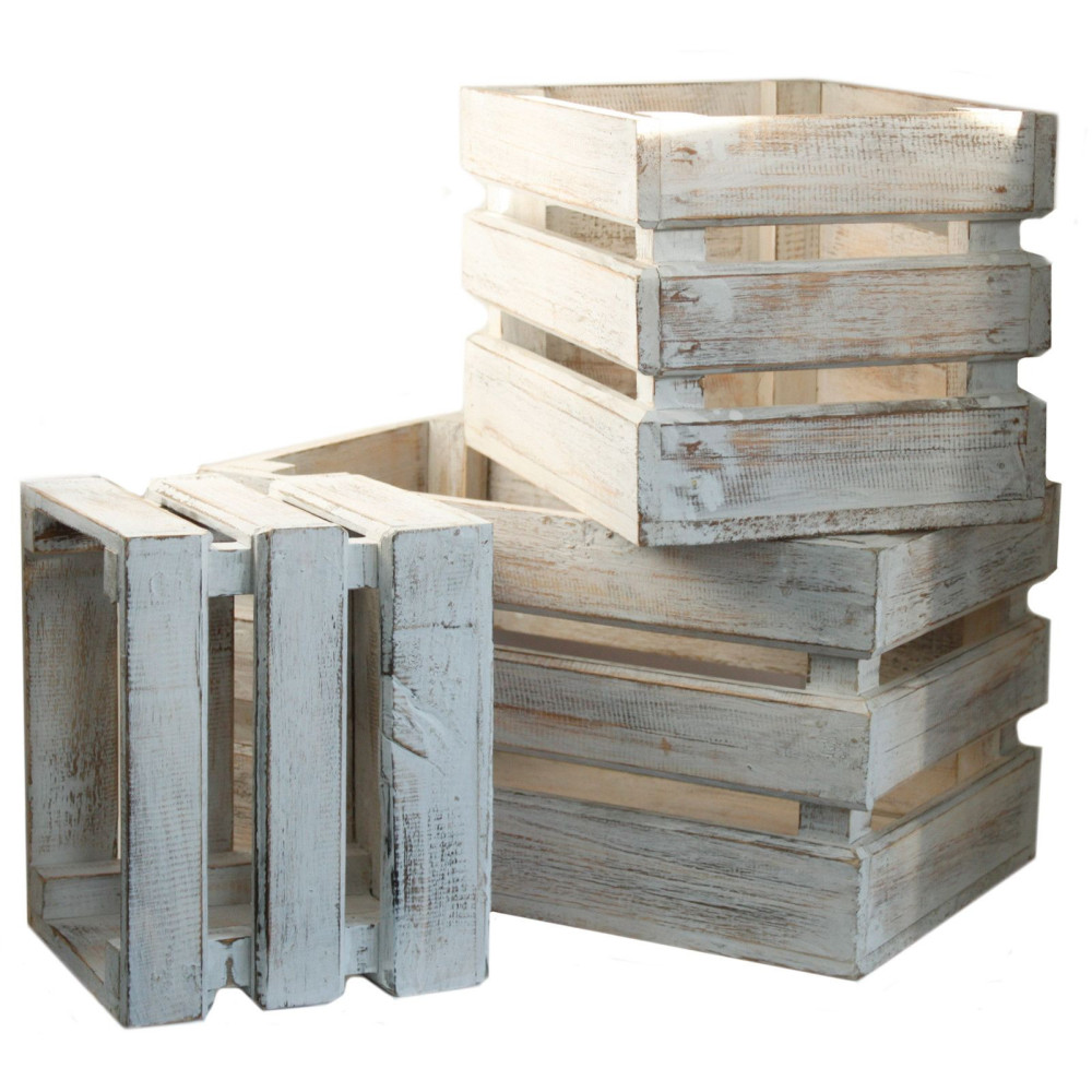 Caisses de rangement en bois - Blanchies à la chaux (Lot de 3)