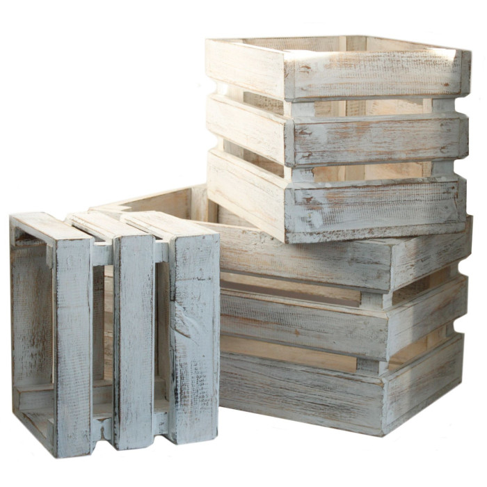 Caisses de rangement en bois - Blanchies à la chaux (Lot de 3)