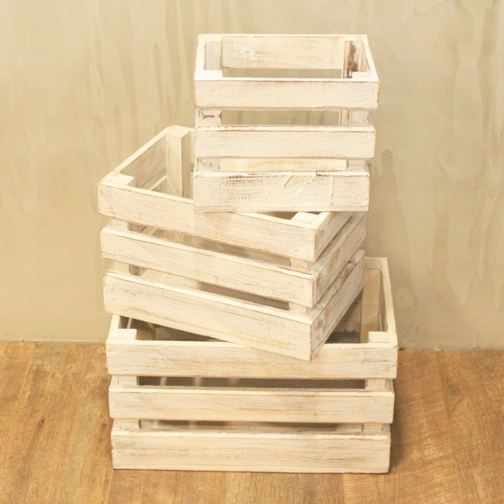 Caisses de rangement en bois - Blanchies à la chaux (Lot de 3)
