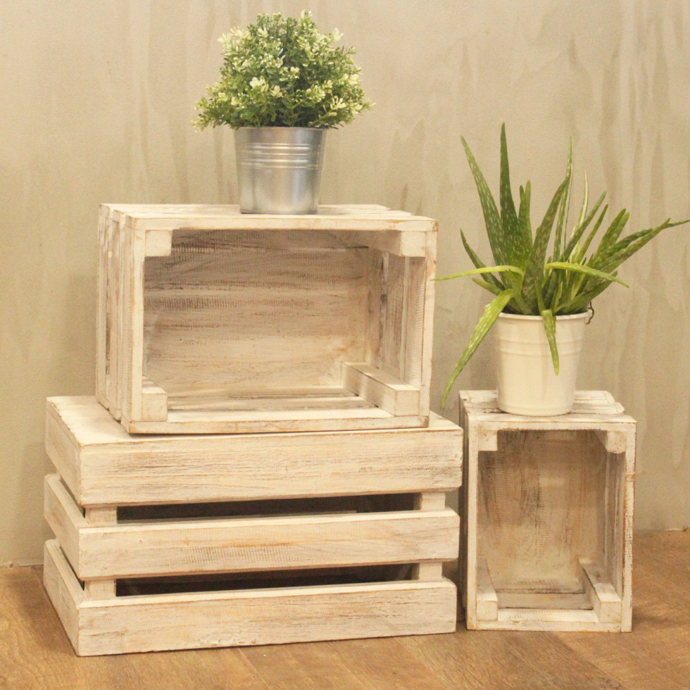 Caisses de rangement en bois - Blanchies à la chaux (Lot de 3)