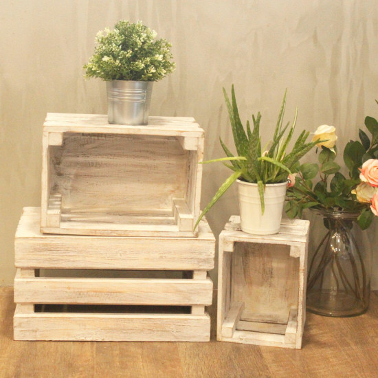 Caisses de rangement en bois - Blanchies à la chaux (Lot de 3)