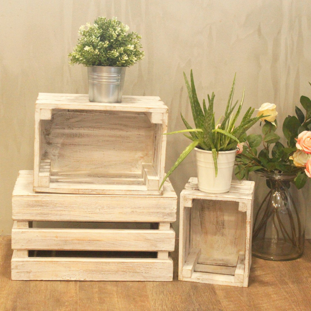 Caisses de rangement en bois - Blanchies à la chaux (Lot de 3)