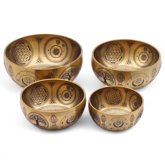 Bouddha en laiton pur gravé - Lot de 4 - Environ 3,85 kg