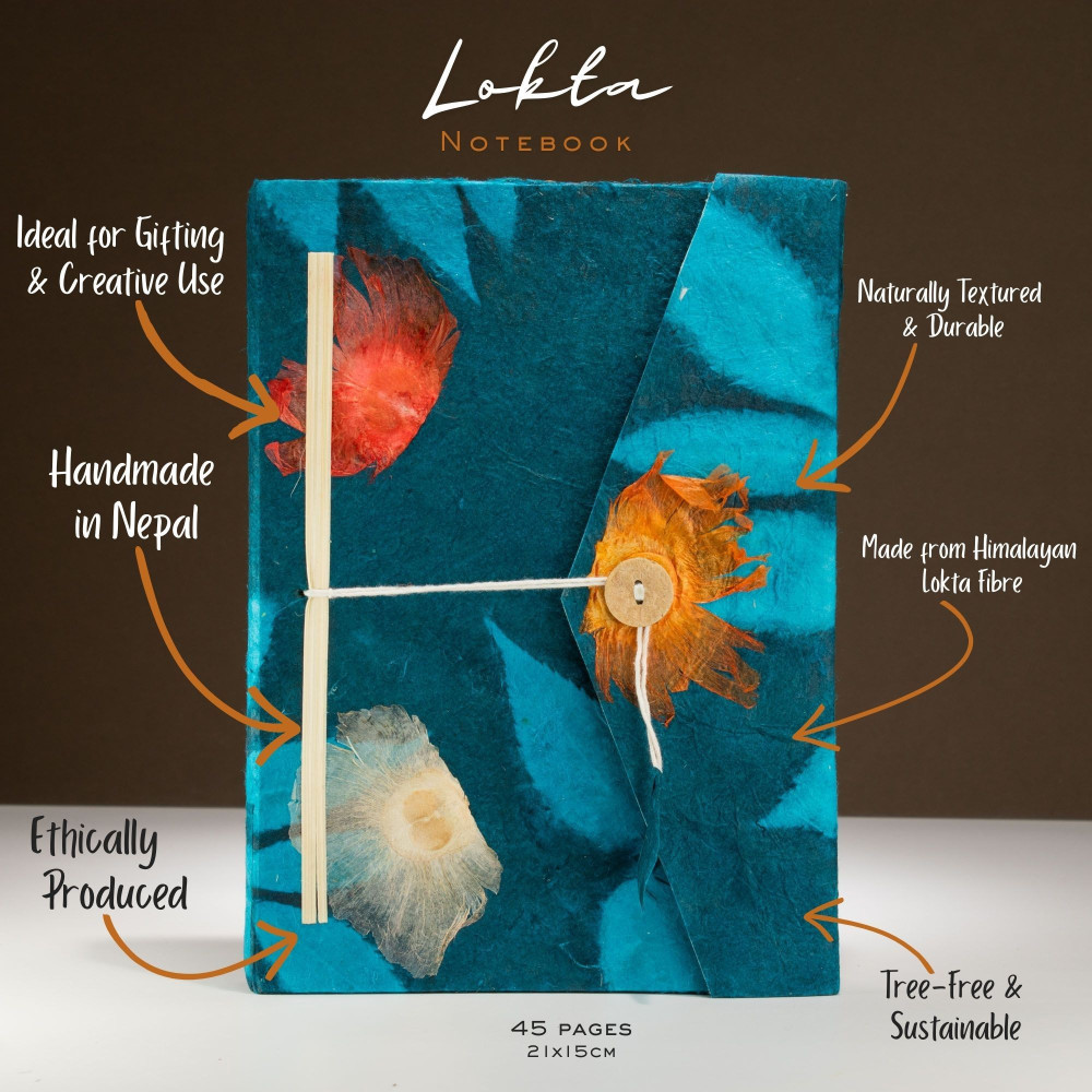 Carnet Lokta Bold Floral - Grand format (21 x 15 cm) - 45 feuilles - Marque-page inclus - Bleu nuit