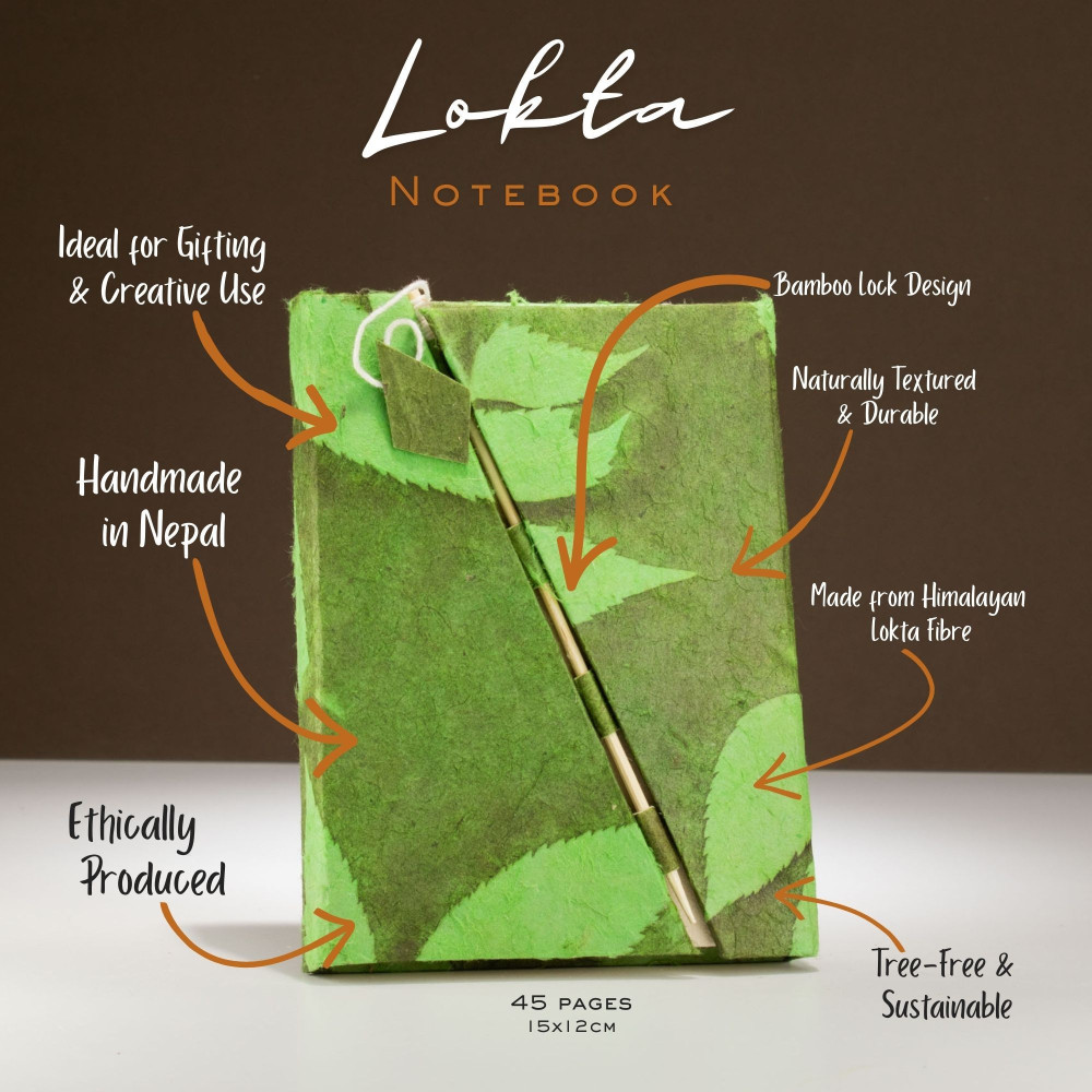 Carnet Lokta Bold Floral à cadenas en bambou - Format moyen (15 x 12 cm) - 45 feuilles - Vert mousse