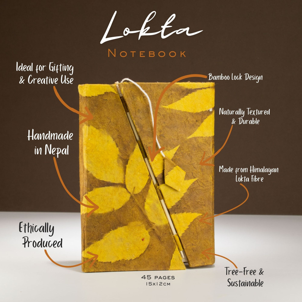 Carnet Lokta Bold Floral à cadenas en bambou - Format moyen (15 x 12 cm) - 45 feuilles - Brun moutarde