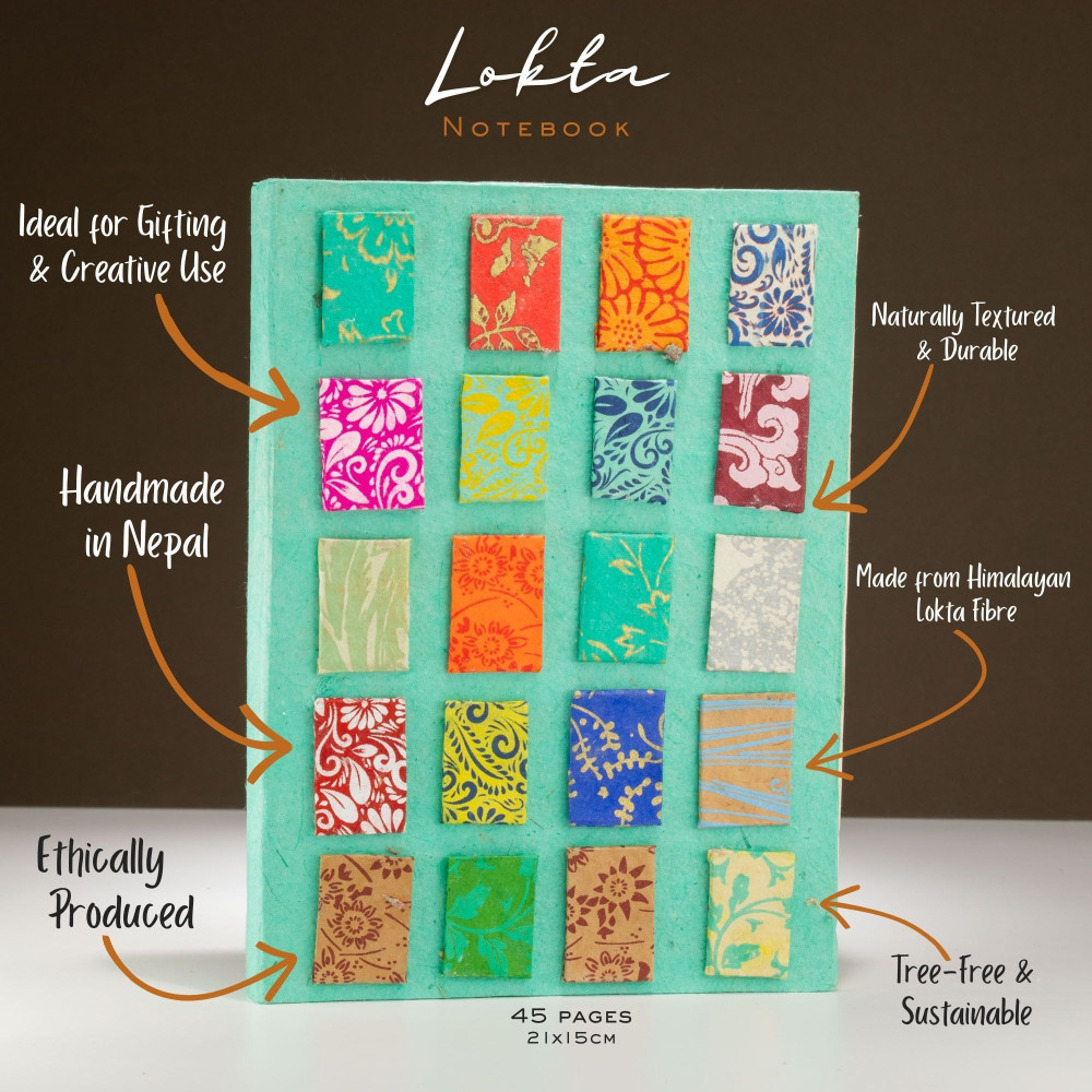 Carnet Lokta Mini Tiles - Grand format (21 x 15 cm) - 45 feuilles - Marque-page inclus - Turquoise