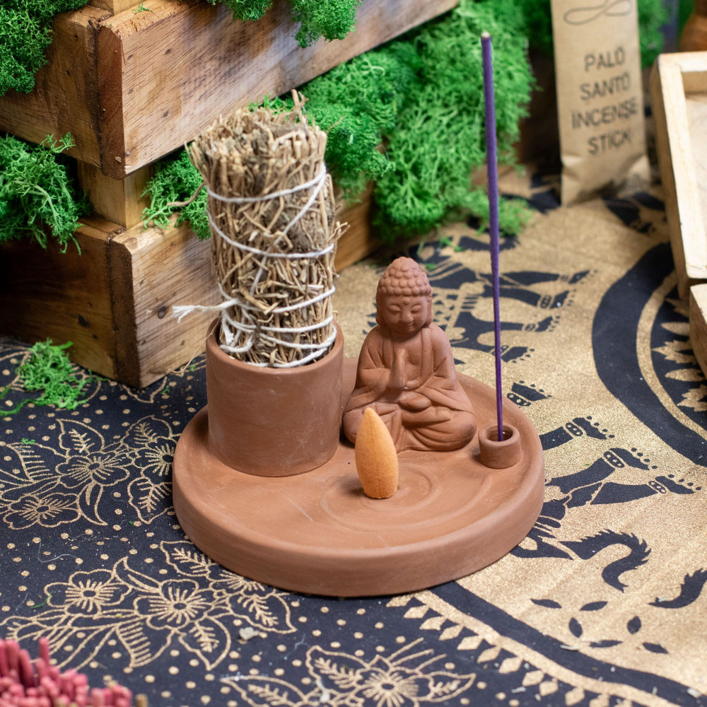 Porte-encens Bouddha multi-usages - Style terre cuite naturelle